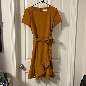 Calvin Klein boat neck short sleeve belted ruffle faux hem wrap dress